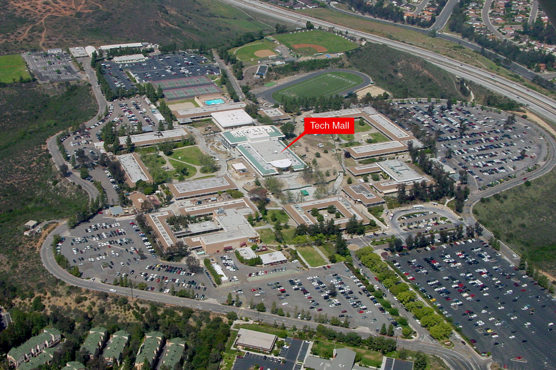image shows Tech Mall building in middle of campus